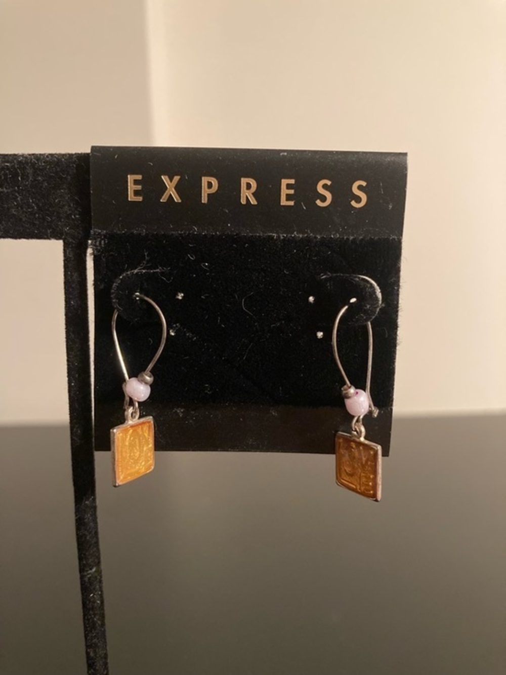 Express Gold-Tone Square Drop Earrings with Light Purple Beads “LOVE”